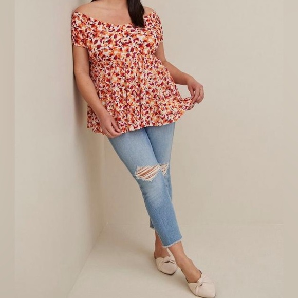 Torrid Fabric Mix Knit Crinkle Gauze Off The Shoulder Smocked Bodice Top, 4X/26W - Picture 6 of 7